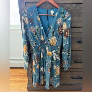 J.O.A. Teal Floral Long Sleeve Dress